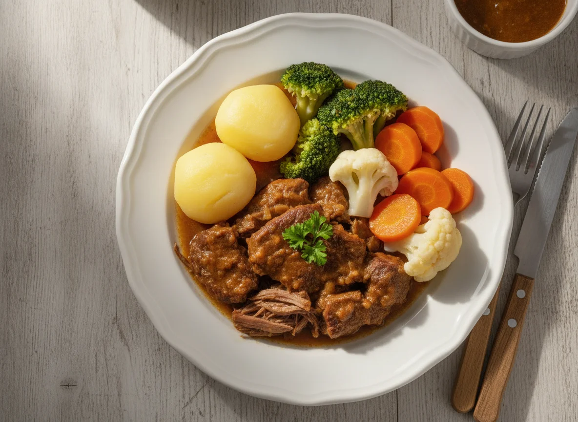 Carne cozida com batatas e vegetais photo
