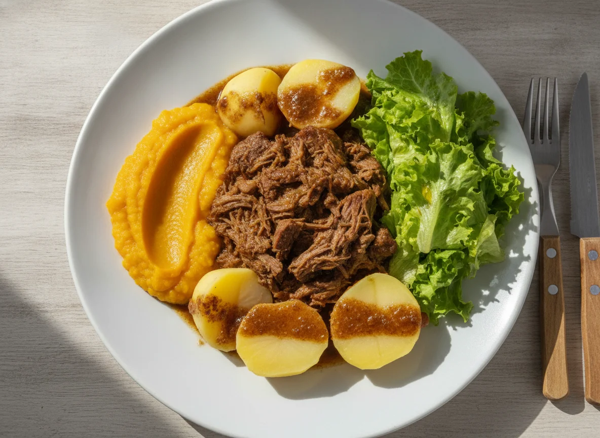 Carne cozida com batatas, purê de abóbora e salada de alface photo