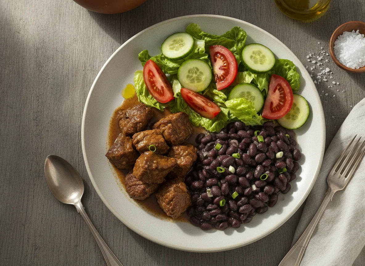 Carne cozida com feijão preto e salada photo