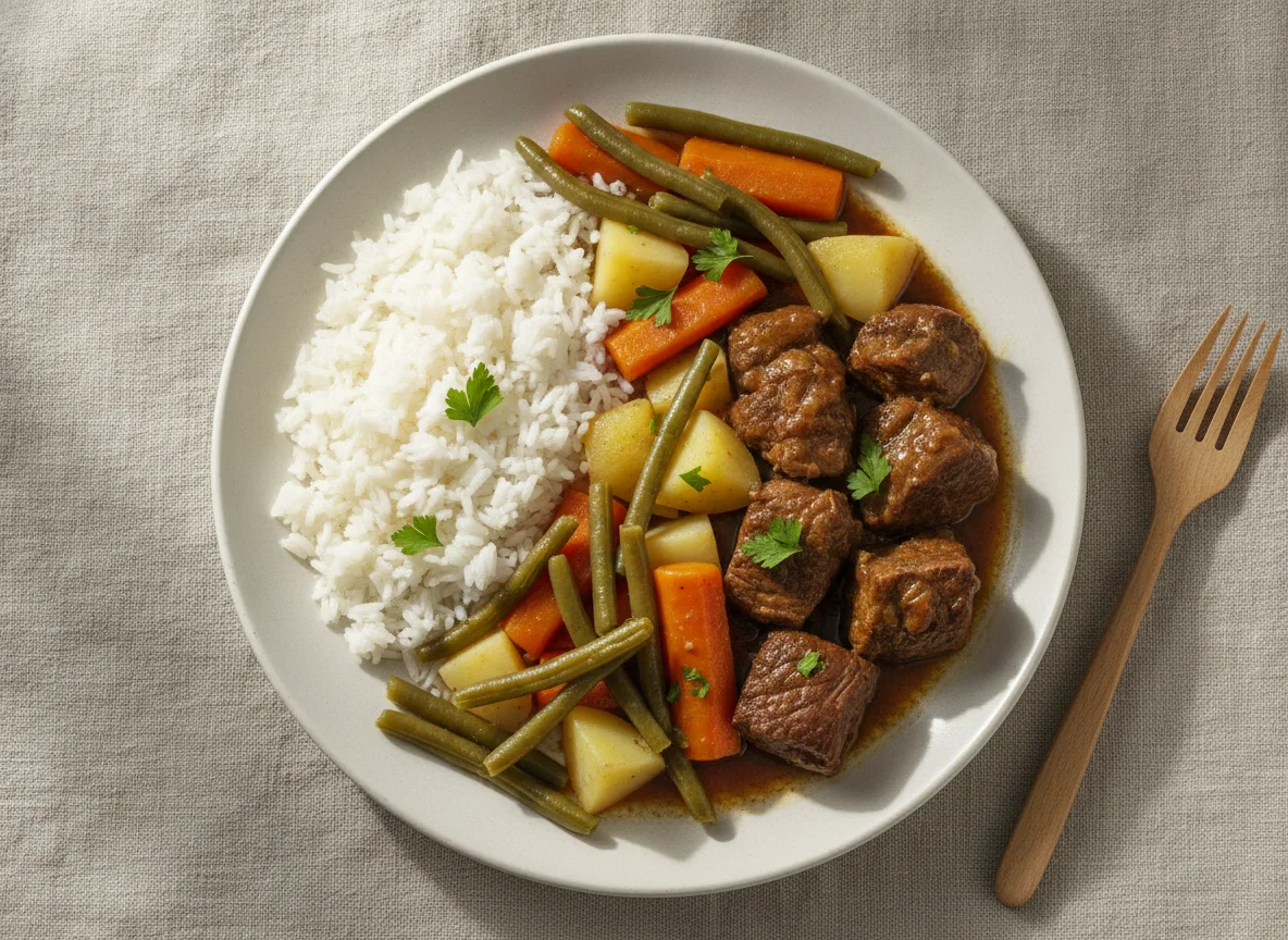 Carne cozida com legumes e arroz photo
