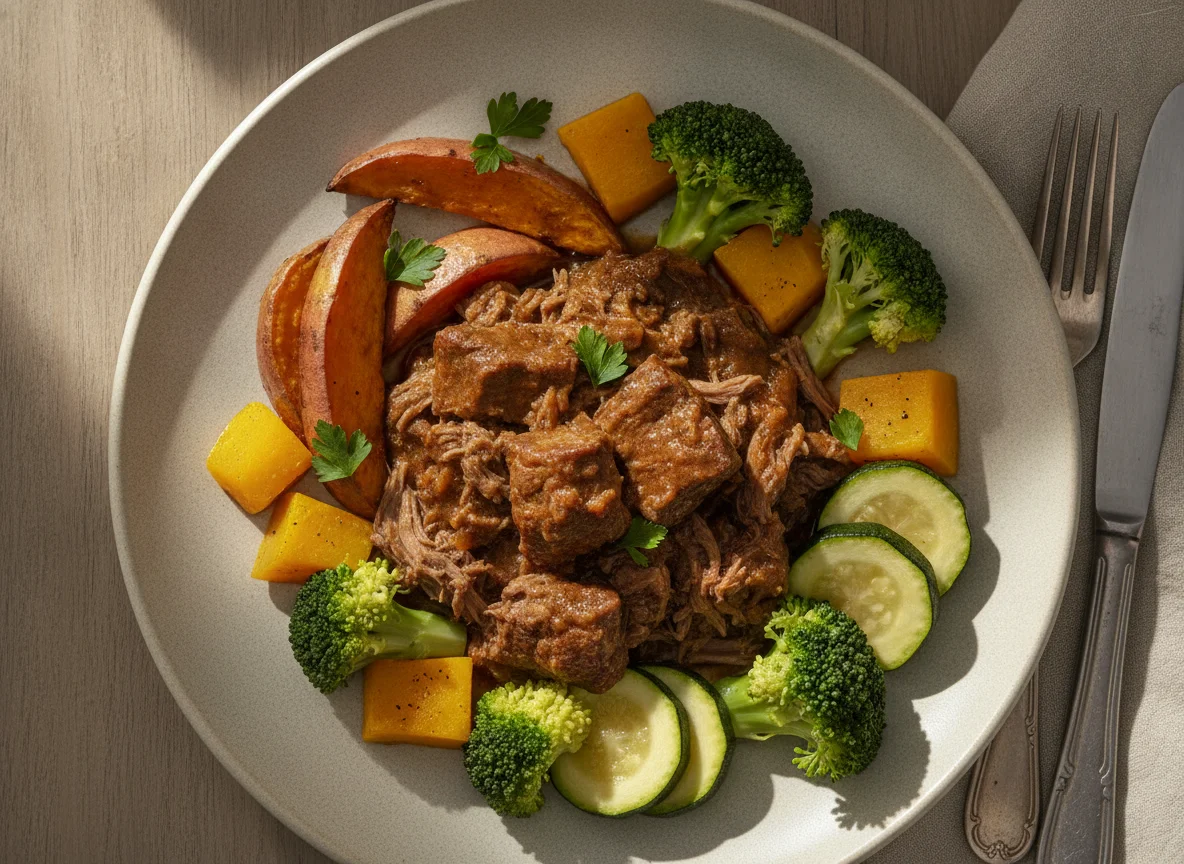 Carne cozida com legumes e batata doce photo