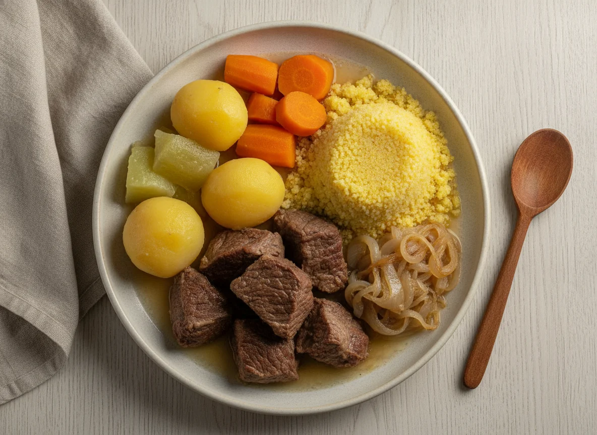 Carne cozida com legumes e cuscuz photo