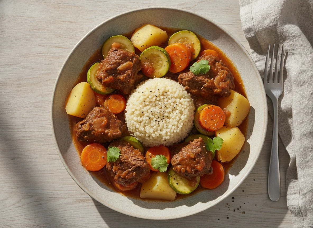Carne cozida com legumes e quinoa photo