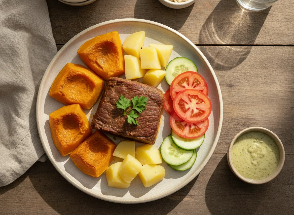 Carne cozida com legumes e salada photo