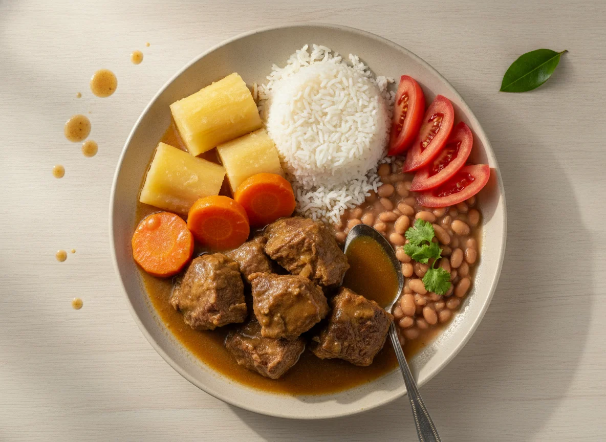 Carne cozida com mandioca e cenoura photo