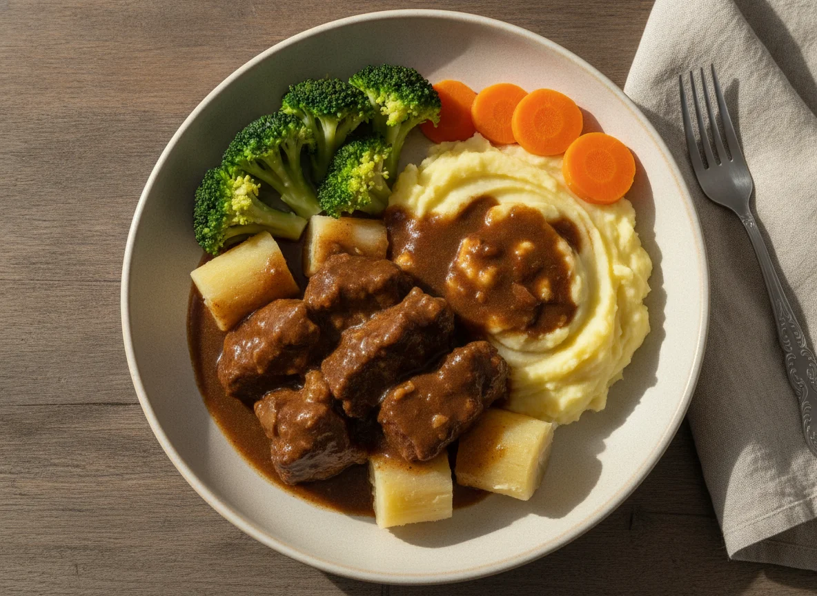 Carne cozida com mandioca e purê photo