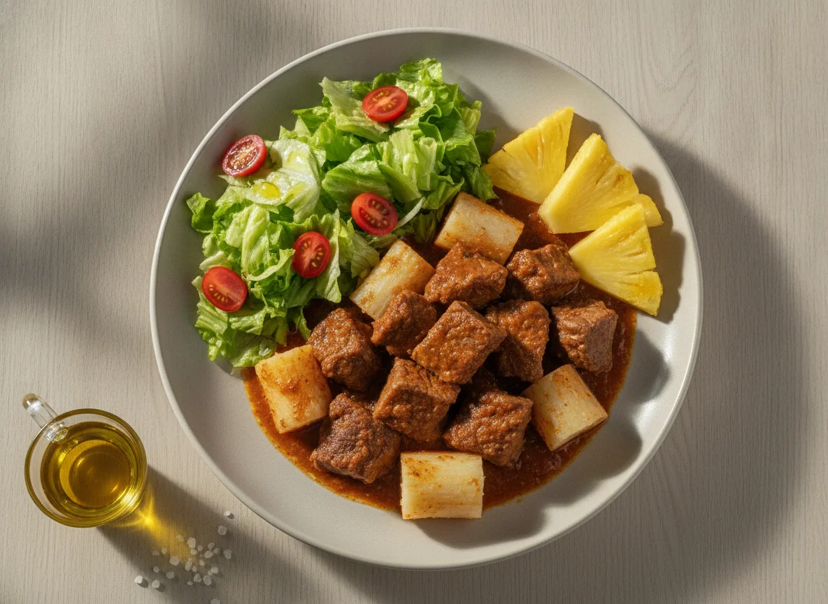 Carne cozida com mandioca, salada e abacaxi photo