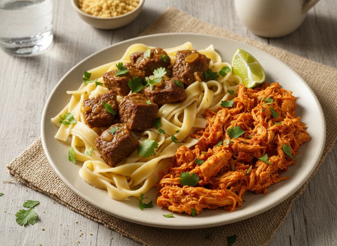Carne cozida com massa e frango desfiado photo