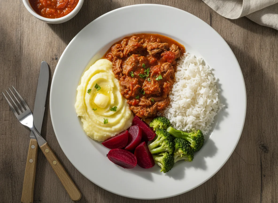 Carne cozida com purê de batata, arroz, beterraba e brócolis photo