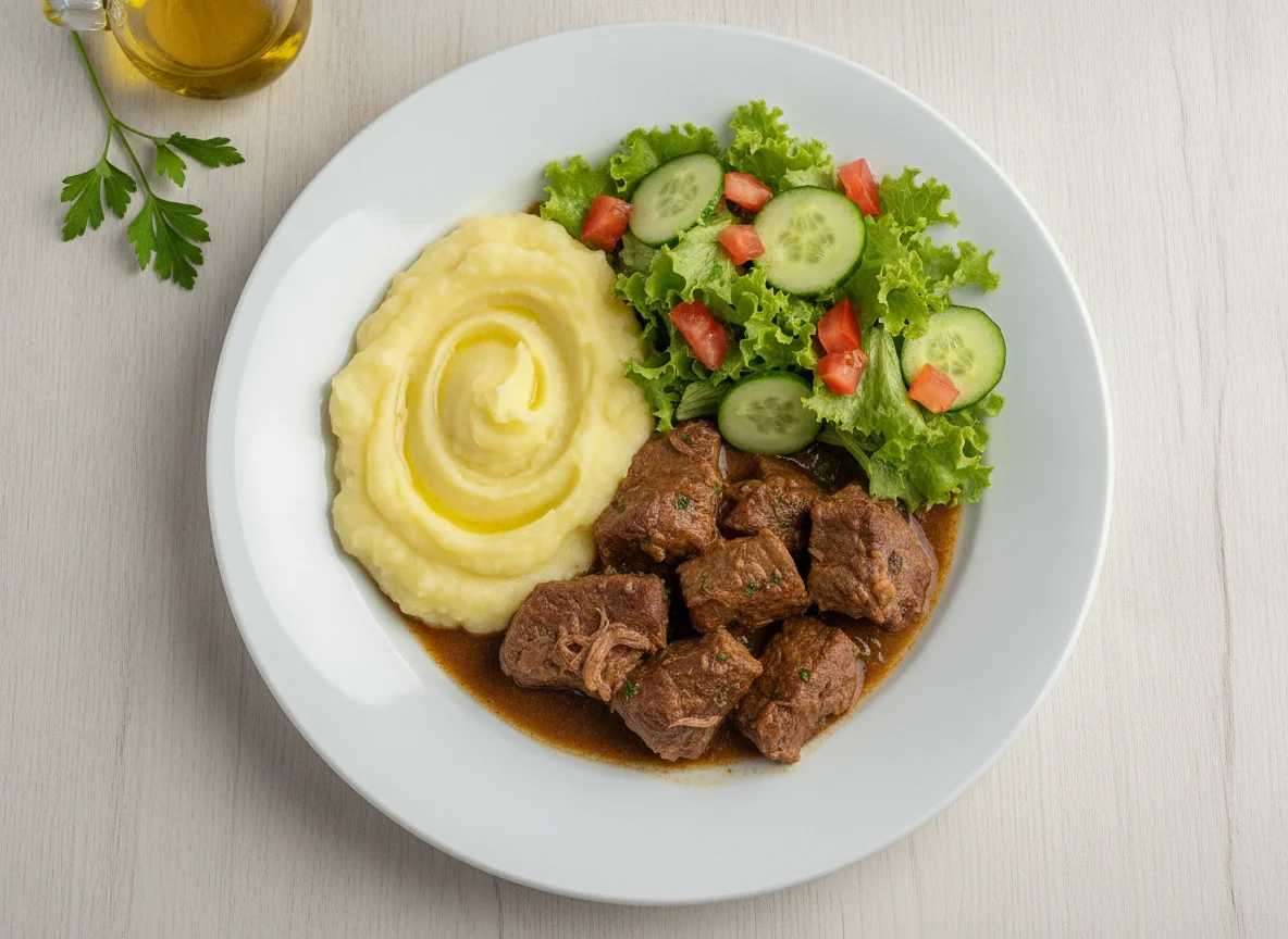 Carne cozida com purê de batata e salada mista photo