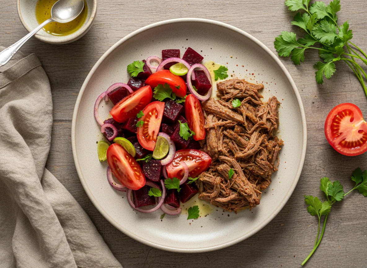 Carne cozida com salada de beterraba e tomate photo