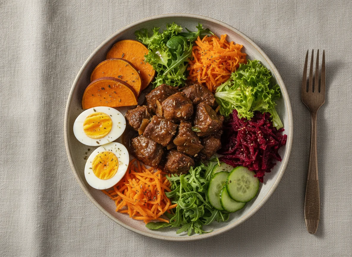 Carne cozida com salada variada e ovo photo