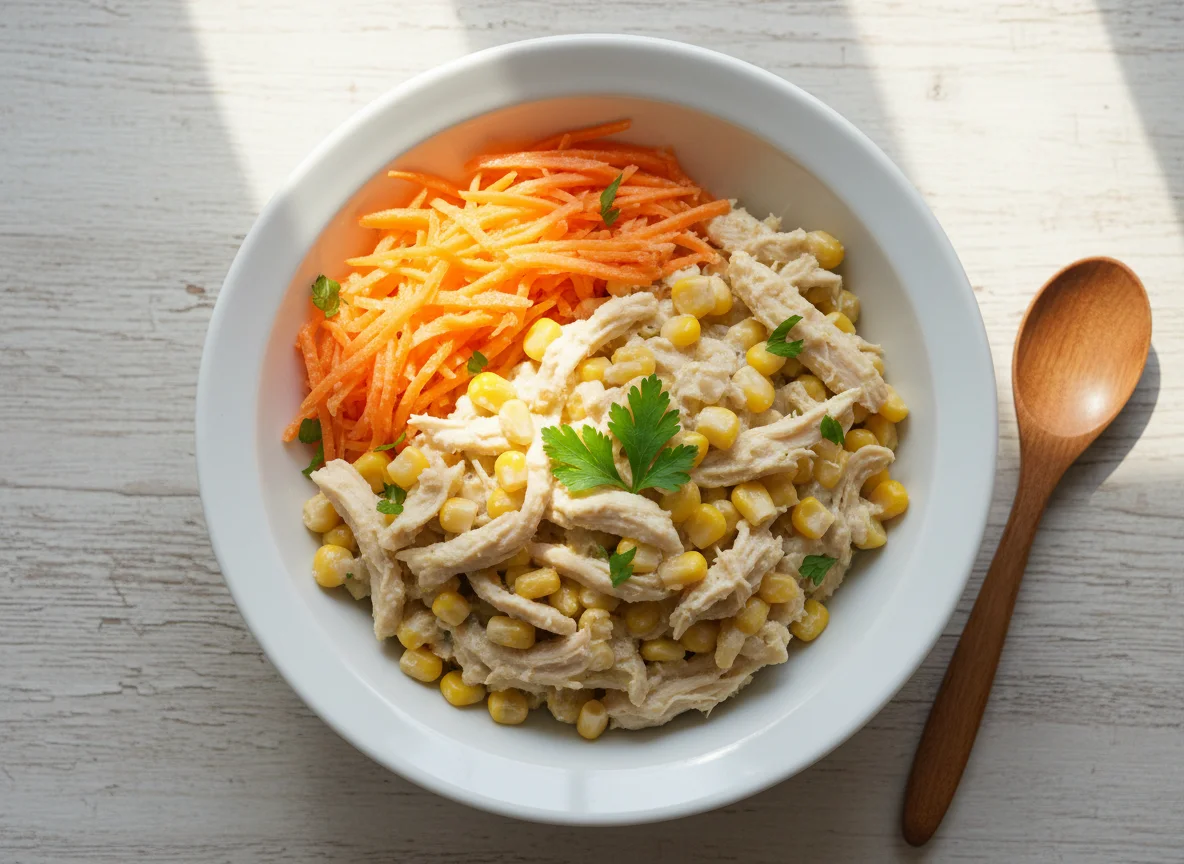 Carne de frango desfiada com creme de leite leve, milhos e salada de cenoura photo