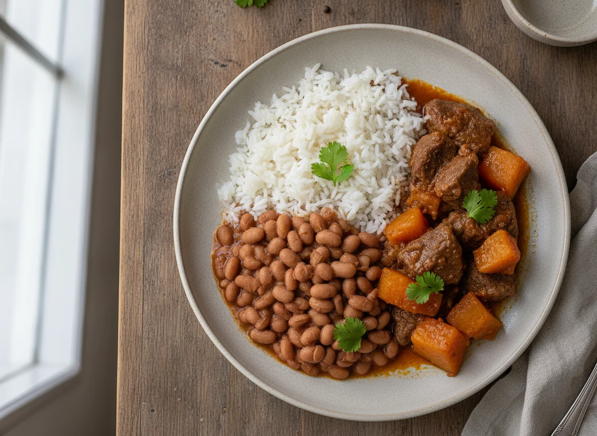 Carne de Panela com Abóbora, Arroz e Feijão photo