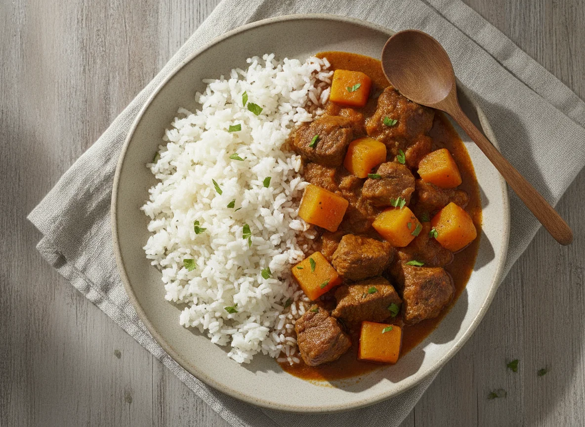 Carne de panela com abóbora e arroz photo