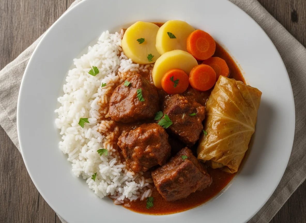 Carne de Panela com Arroz, Batata, Cenoura e Charuto de Repolho photo