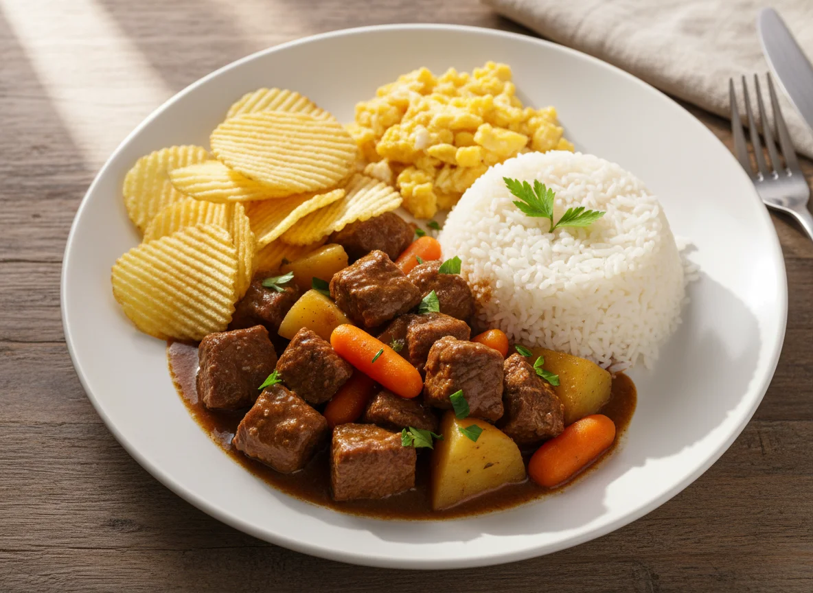 Carne de panela com arroz, batata chips e ovos mexidos photo