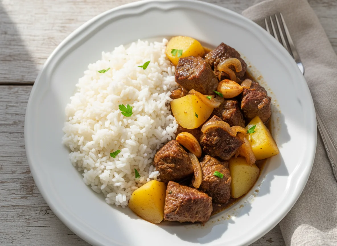 Carne de panela com arroz, batata e cebola photo