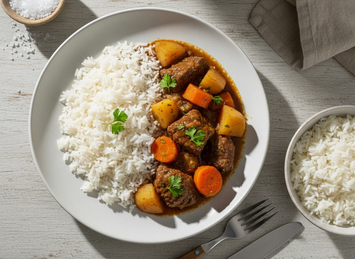 Carne de panela com arroz, batata e cenoura photo