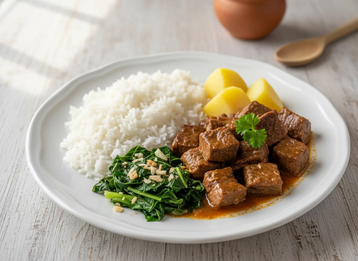 Carne de panela com arroz, batata e couve photo