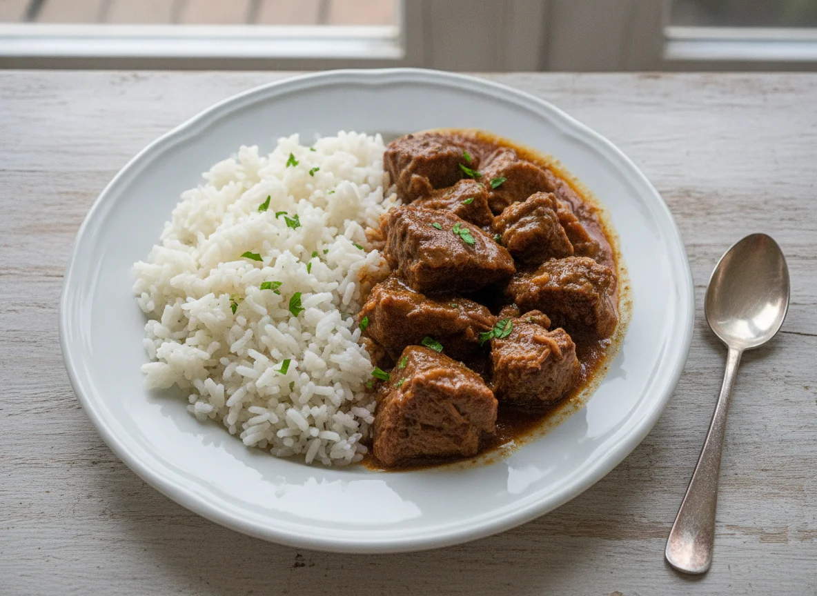 Carne de panela com arroz branco photo