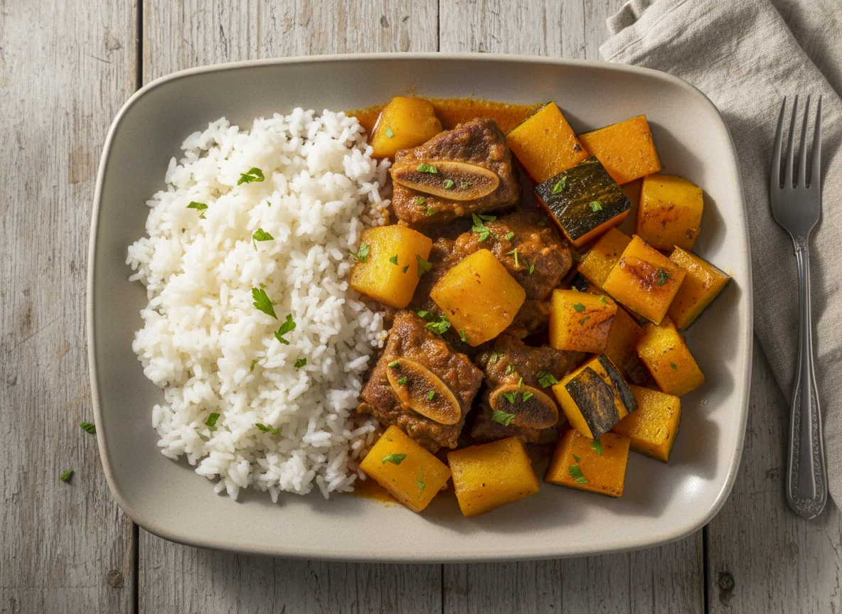 Carne de panela com arroz e abóbora photo