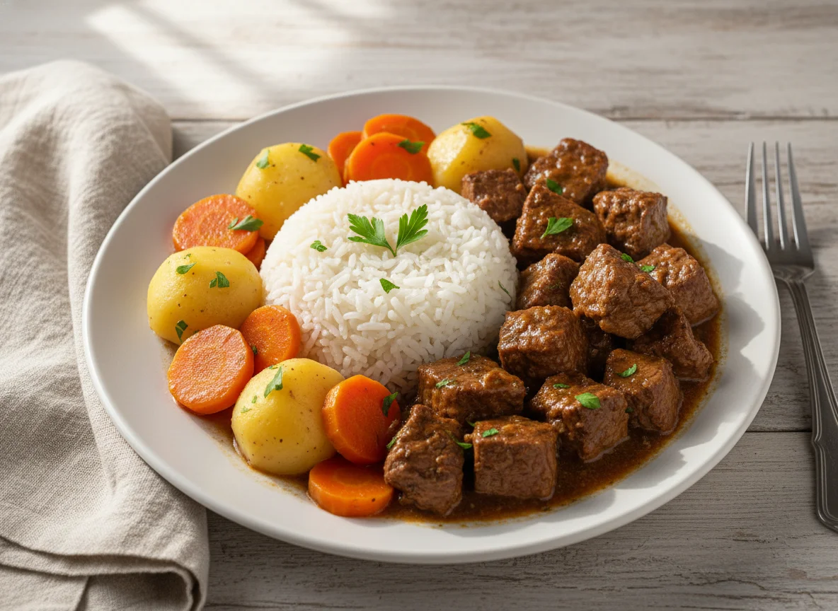 Carne de panela com arroz e batata photo