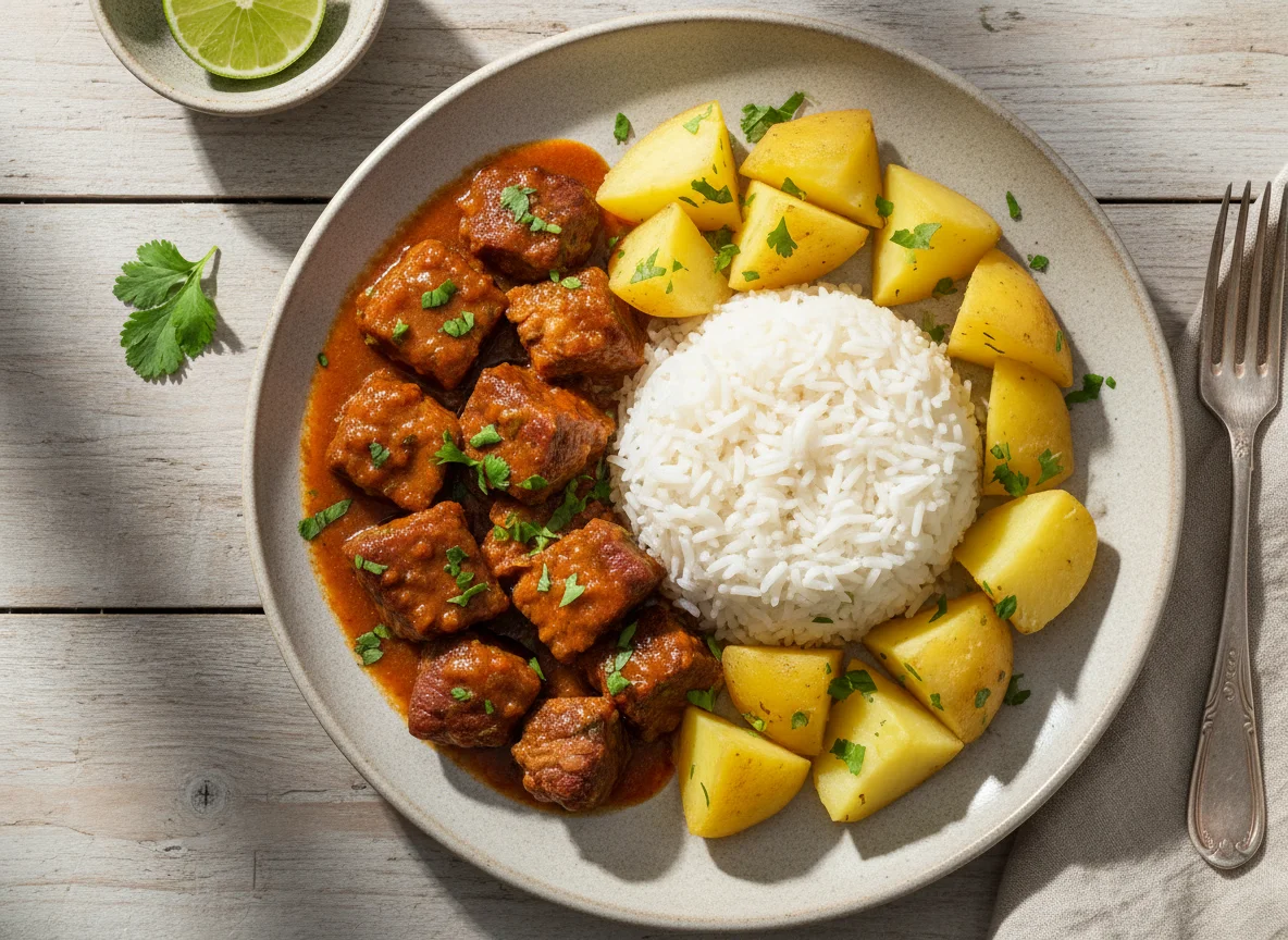 Carne de panela com arroz e batatas photo