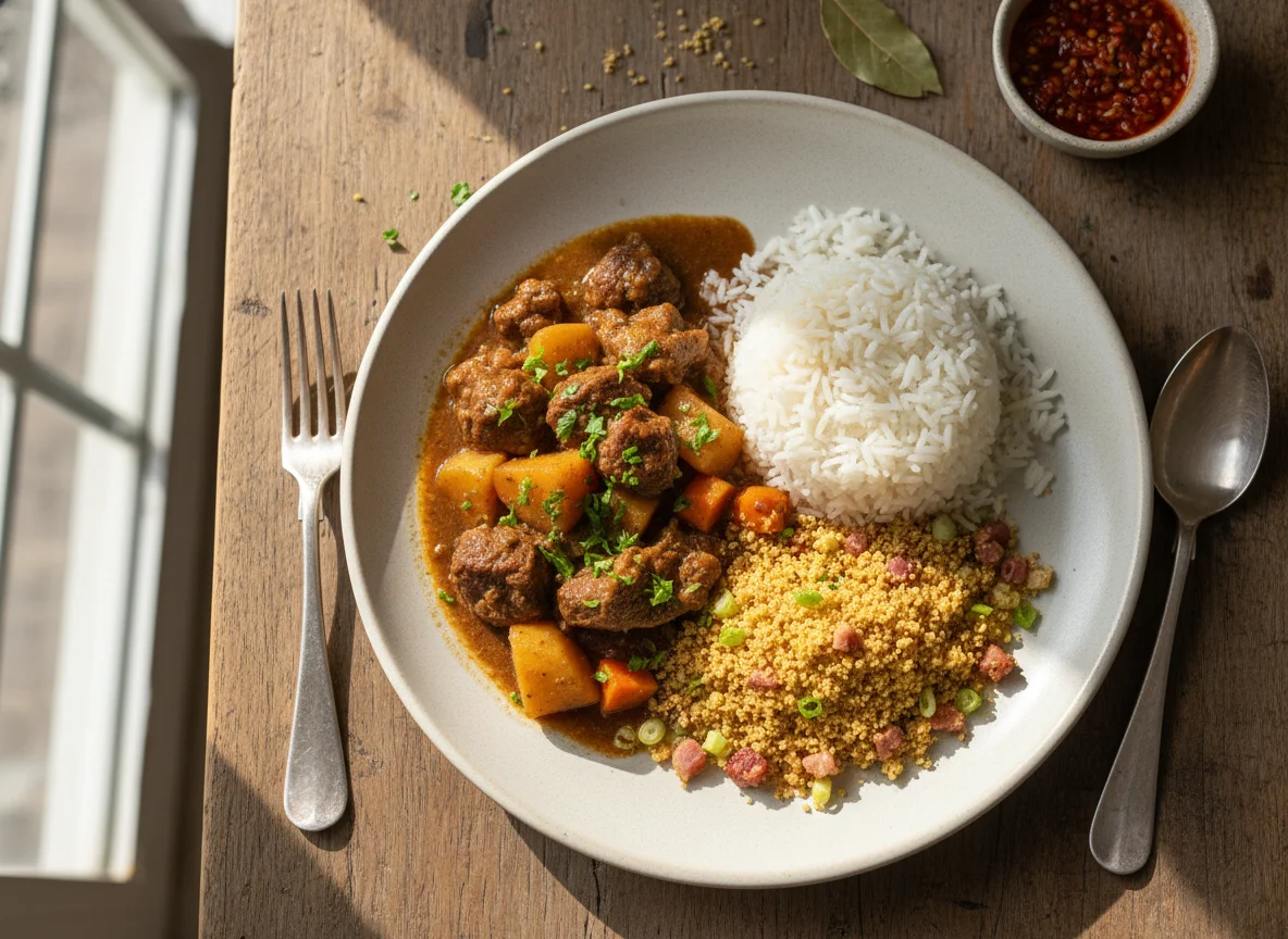 Carne de panela com arroz e farofa photo