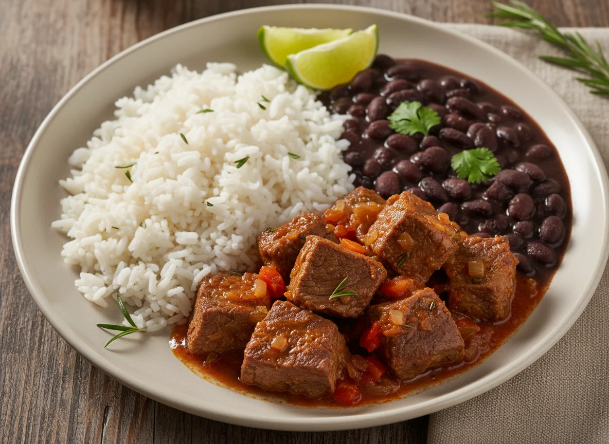 Carne de panela com arroz e feijão photo