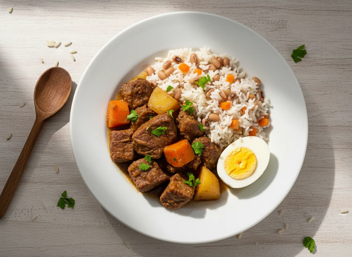 Carne de panela com arroz e ovo cozido photo