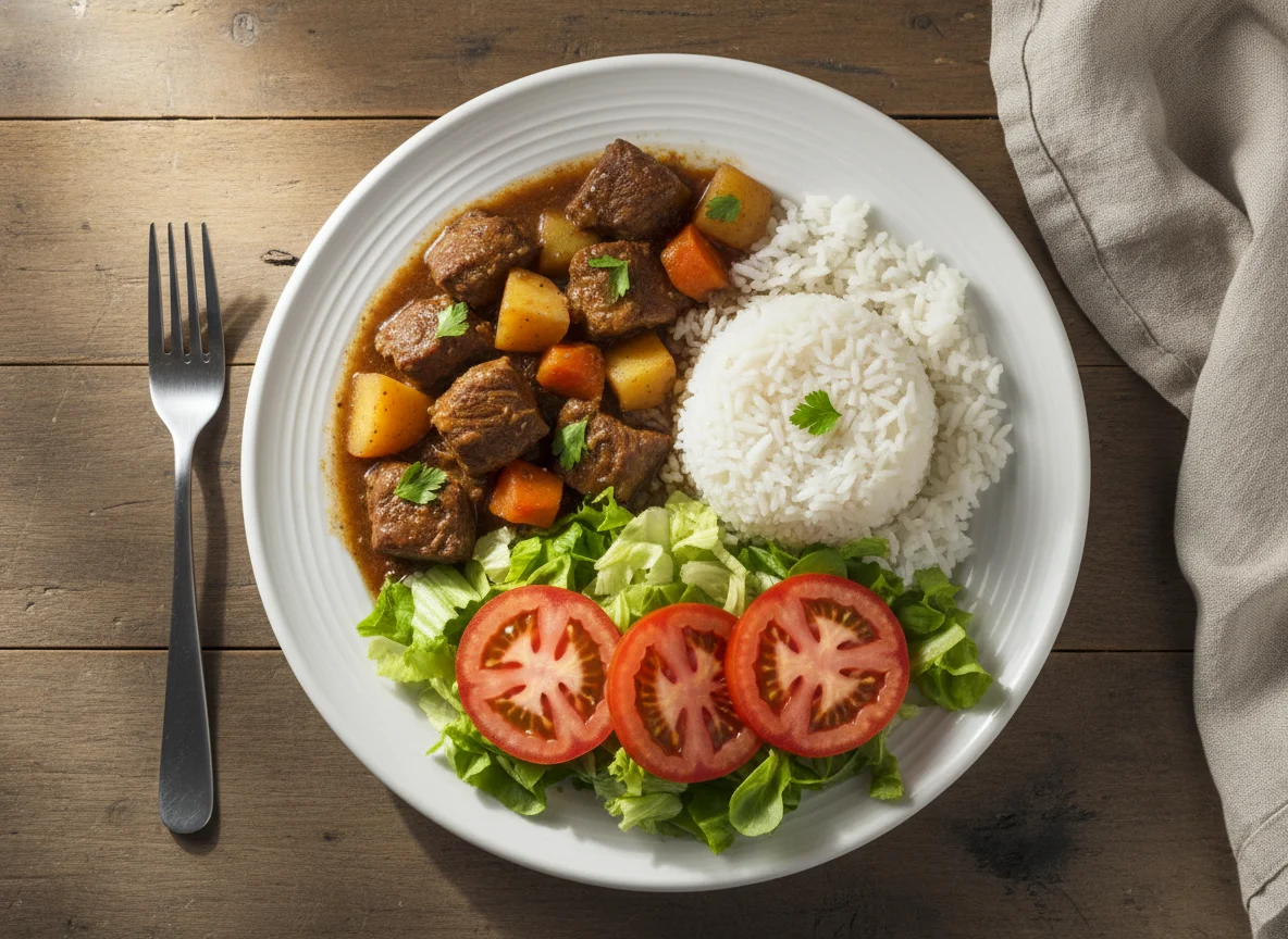 Carne de panela com arroz e salada photo