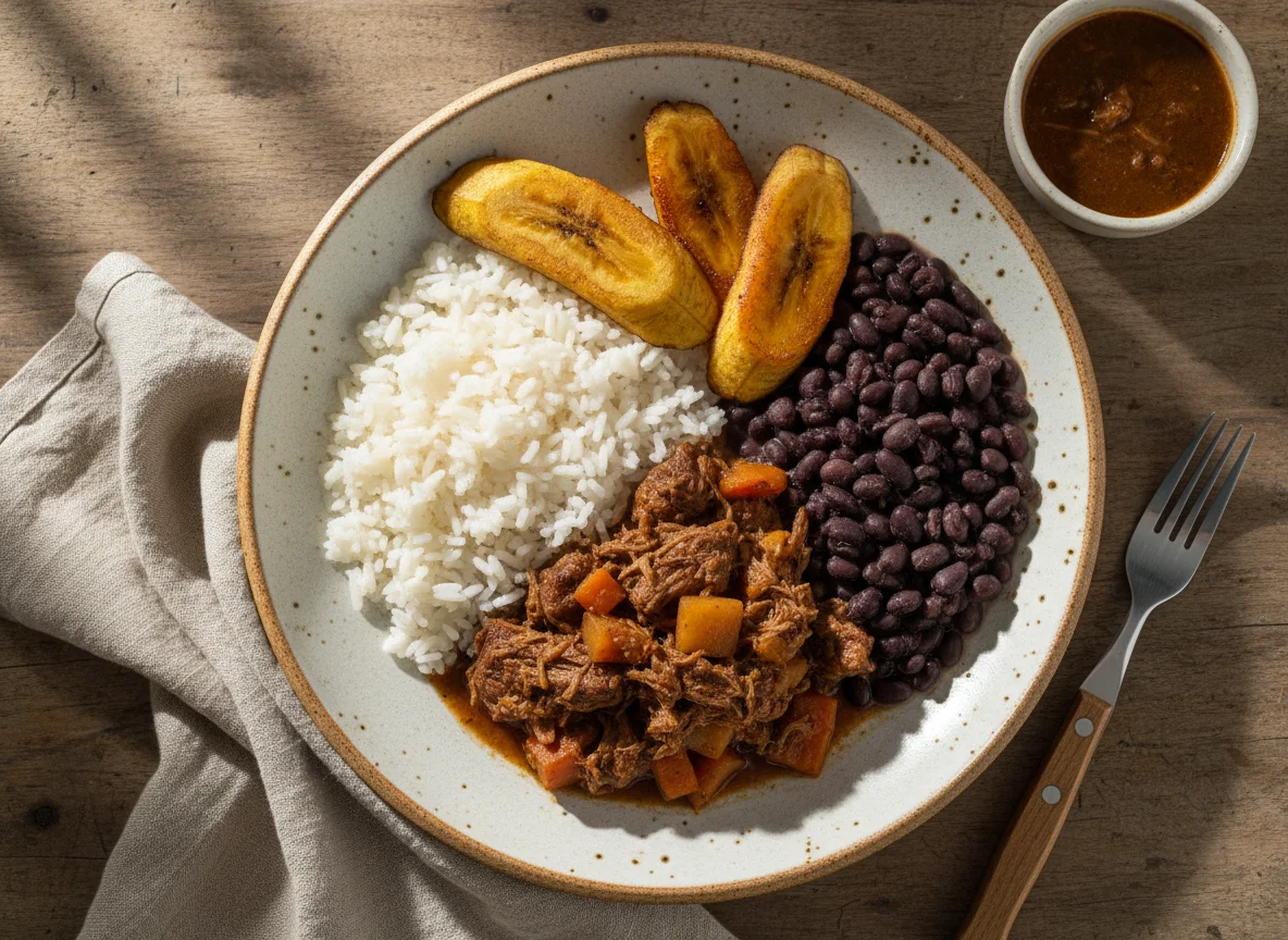 Carne de Panela com Arroz, Feijão e Banana Frita photo