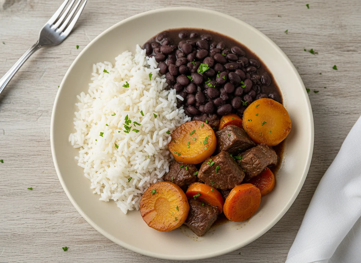 Carne de panela com arroz, feijão e batatas photo
