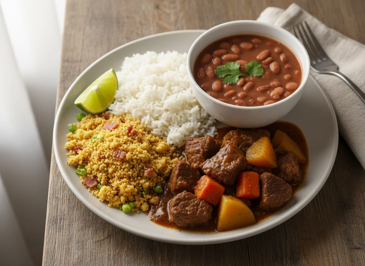 Carne de panela com arroz, feijão e farofa photo