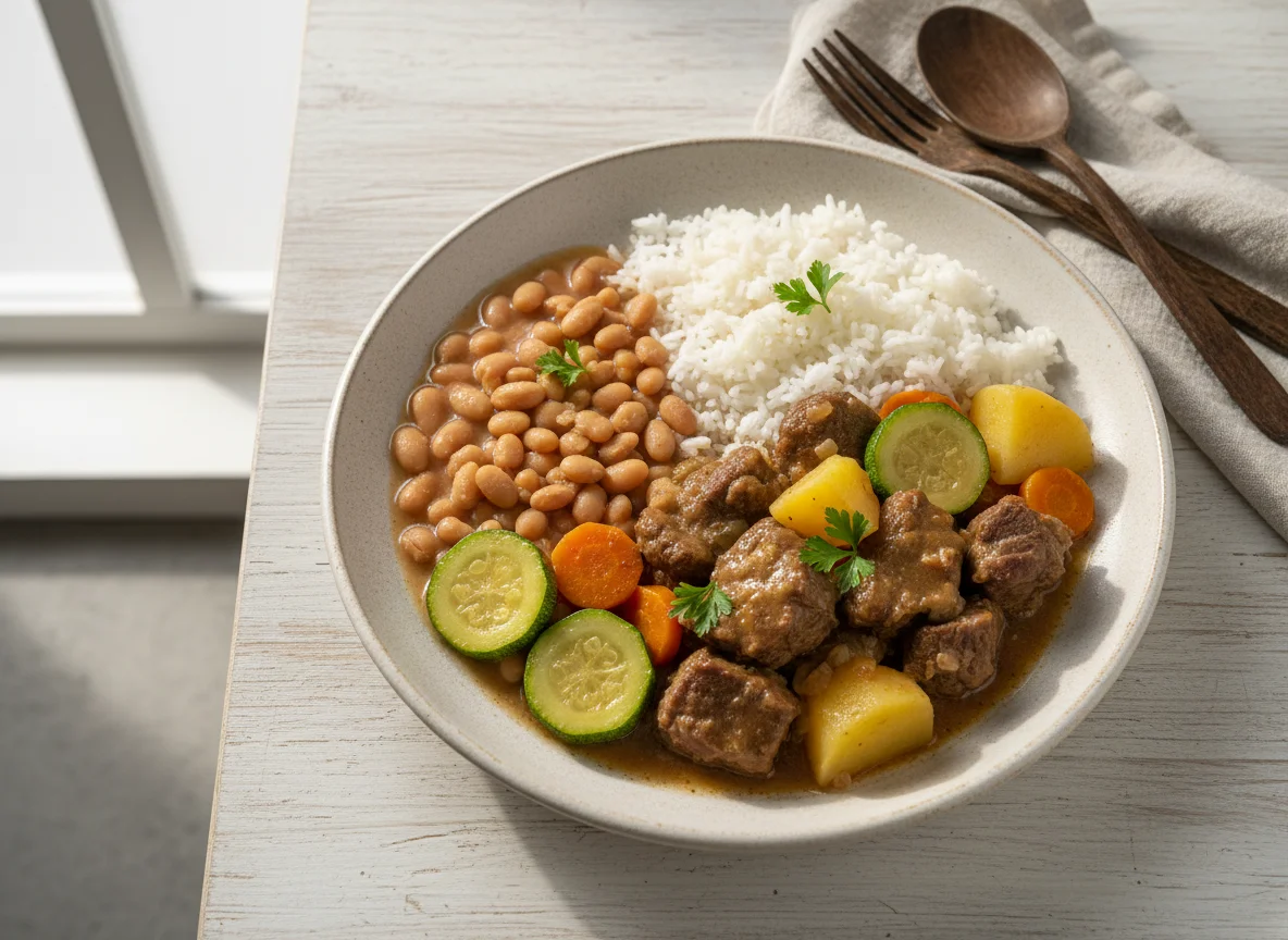 Carne de panela com arroz, feijão e legumes photo