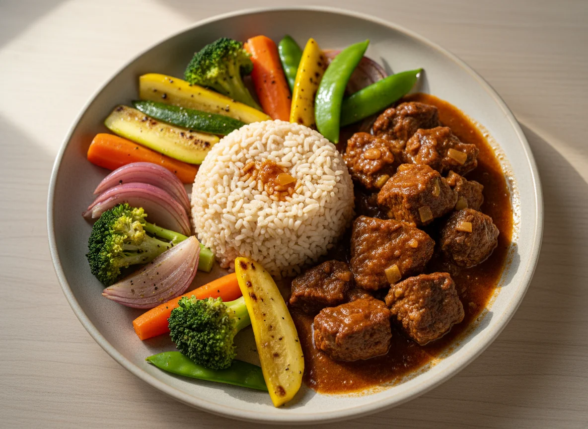 Carne de Panela com Arroz Integral e Vegetais Grelhados photo
