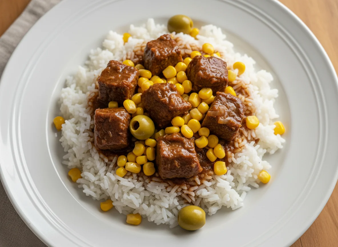 Carne de panela com arroz, milho e azeitonas photo