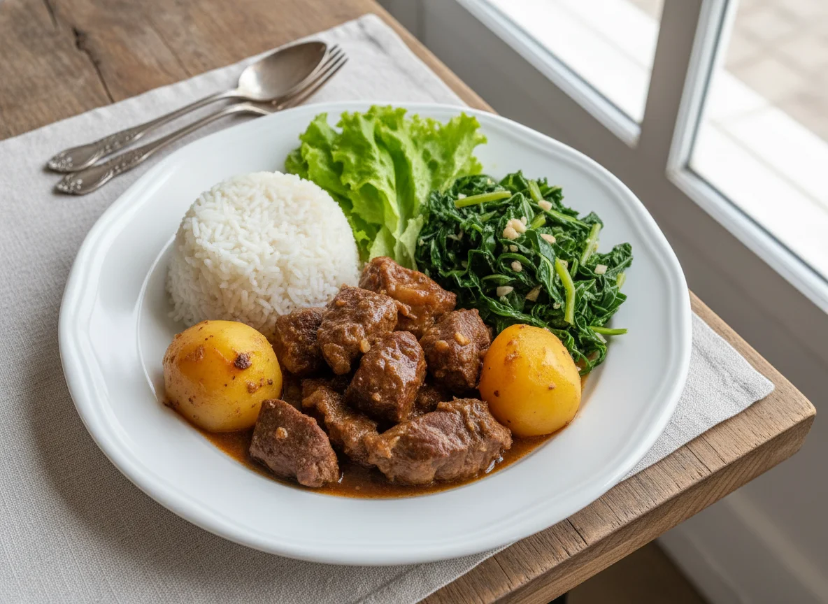 Carne de panela com batata, arroz e salada de couve photo