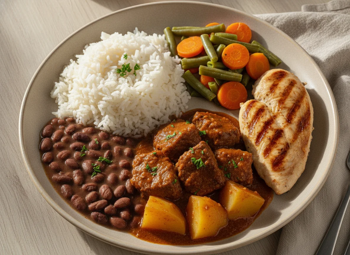 Carne de panela com batata, arroz, feijão, frango grelhado e legumes photo