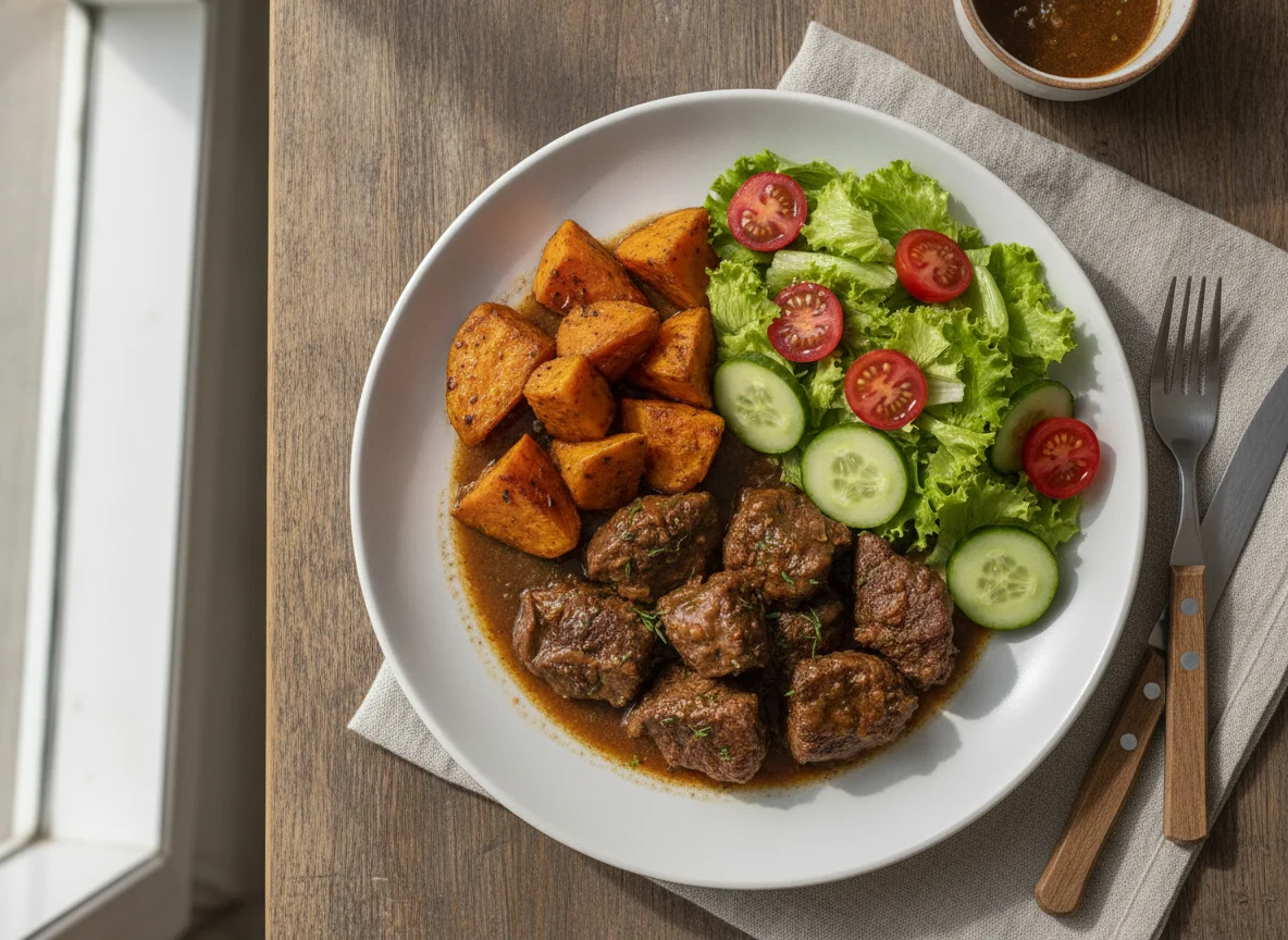 Carne de panela com batata doce e salada photo