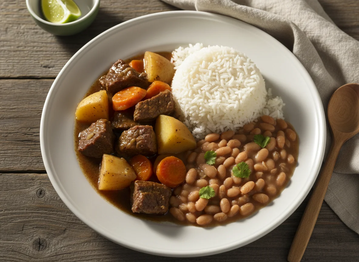 Carne de panela com batata e cenoura, arroz e feijão photo