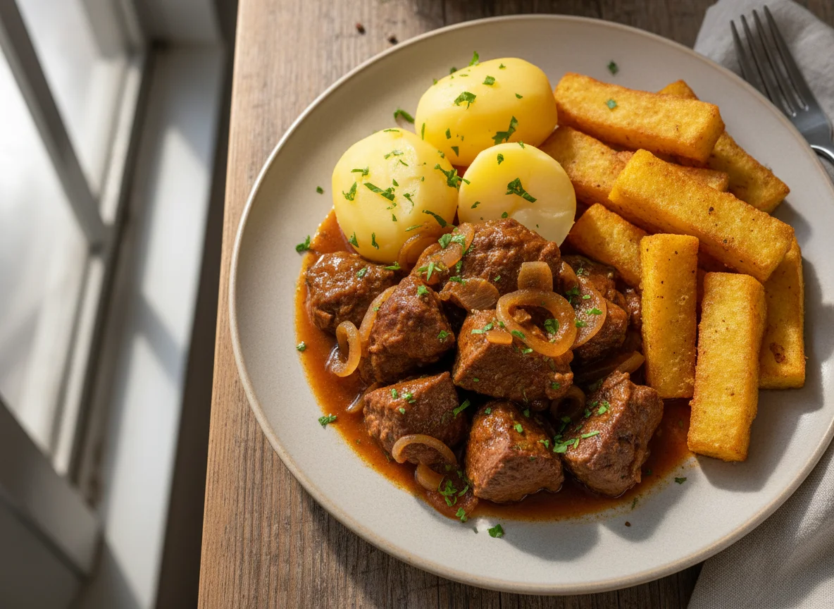 Carne de panela com batata e polenta frita photo