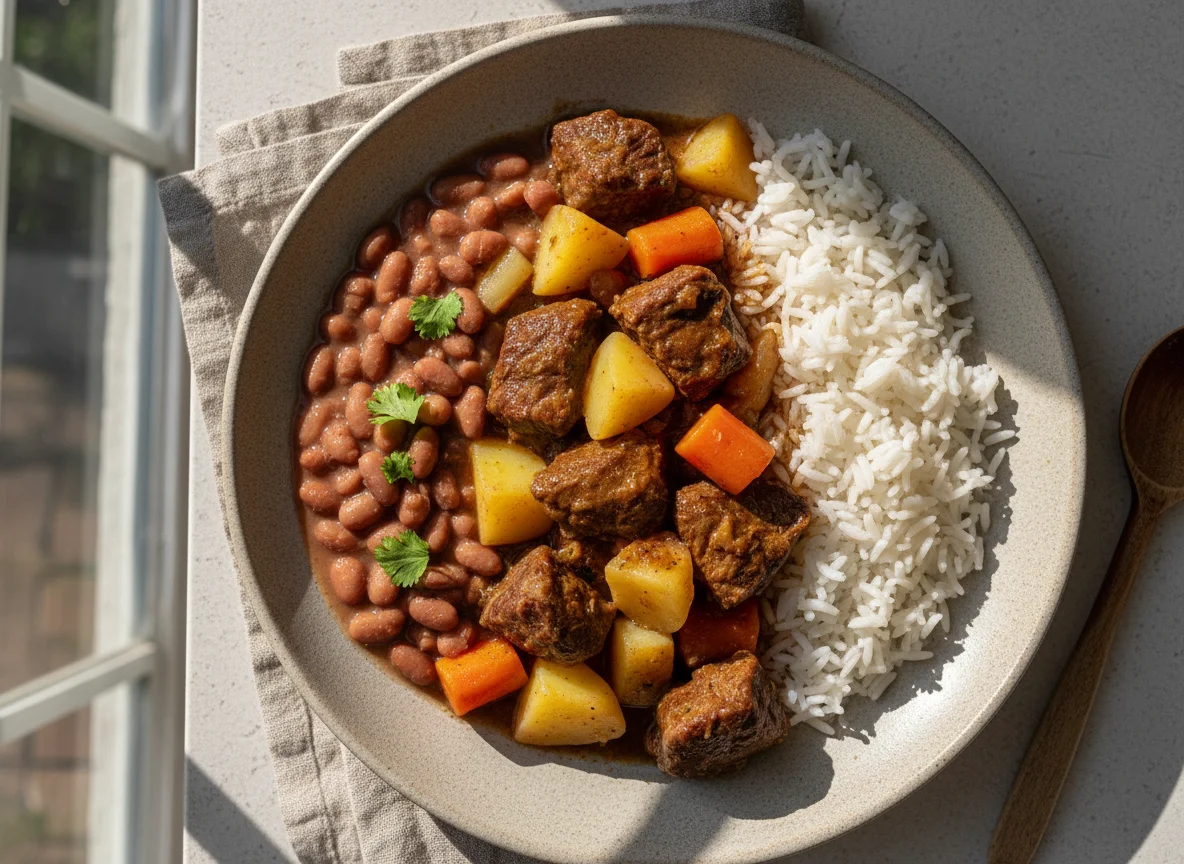 Carne de panela com batata, feijão e arroz photo