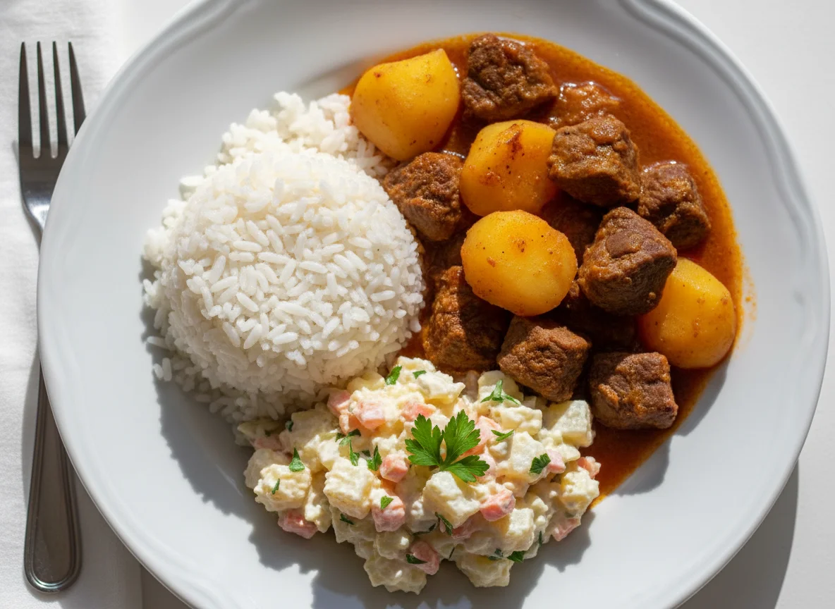 Carne de panela com batatas, arroz e salada de maionese photo