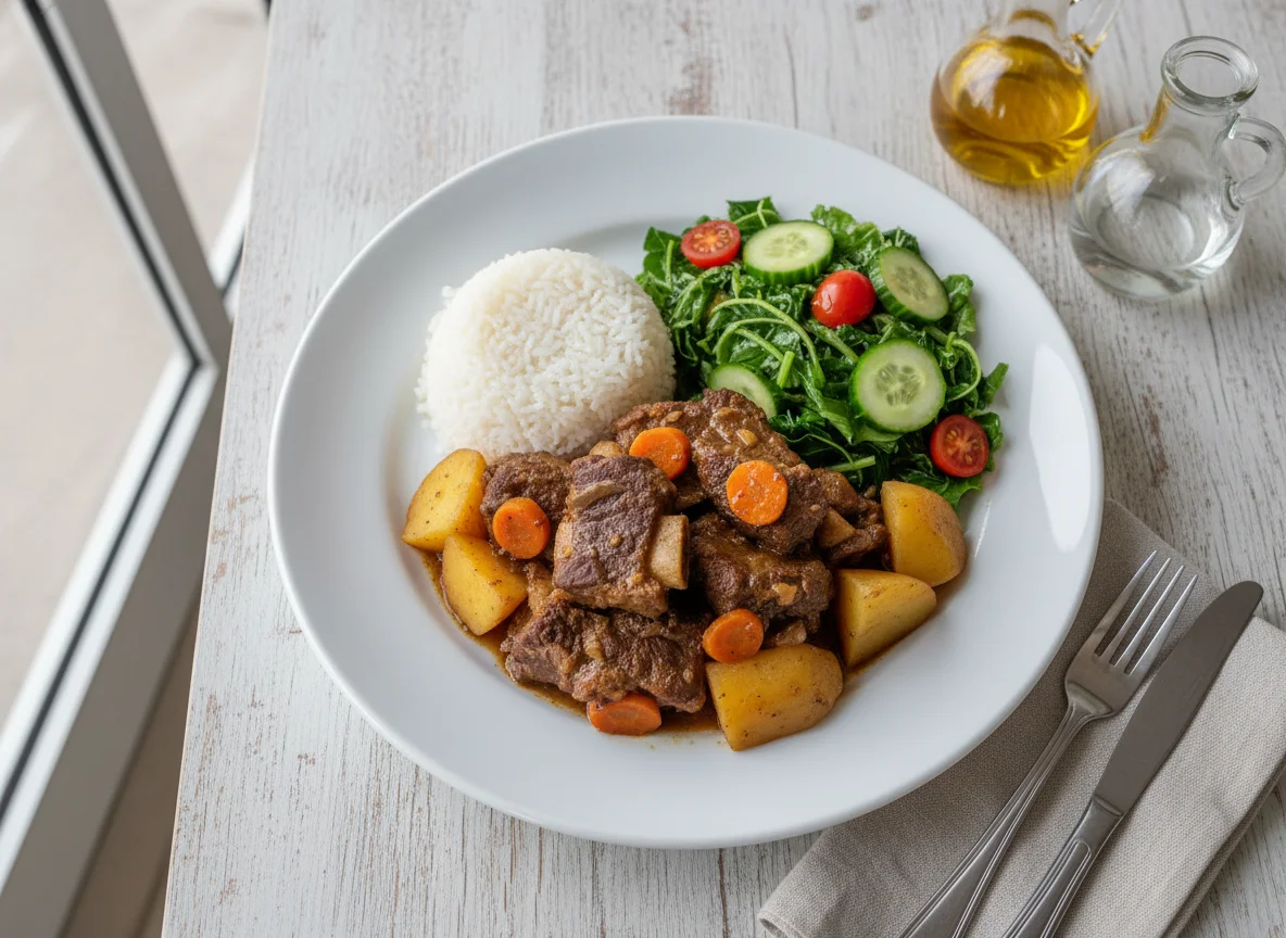 Carne de panela com batatas, arroz e salada photo