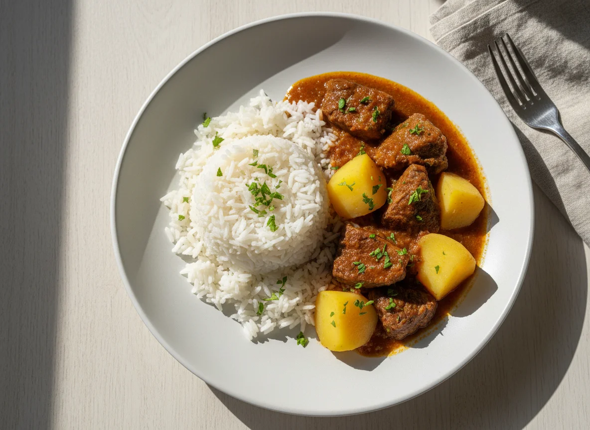 Carne de panela com batatas e arroz photo