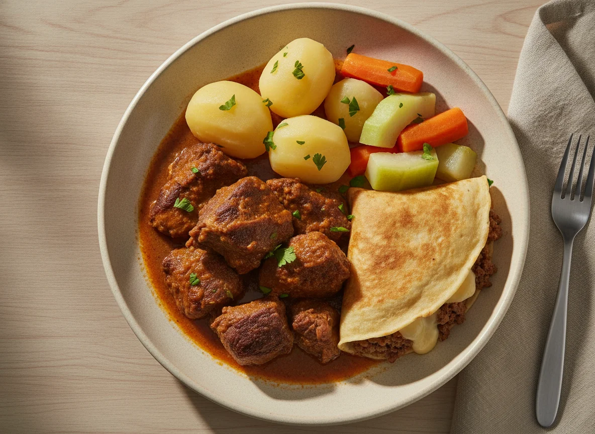 Carne de Panela com Batatas e Panqueca photo