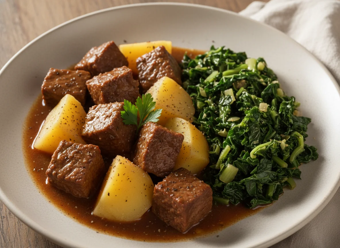 Carne de panela com batatas e refogado de couve photo