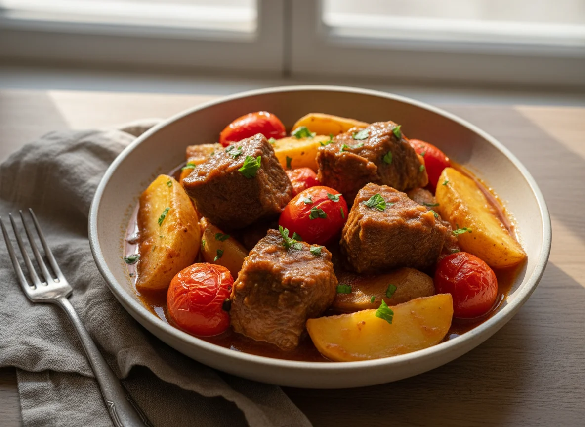 Carne de panela com batatas e tomate photo